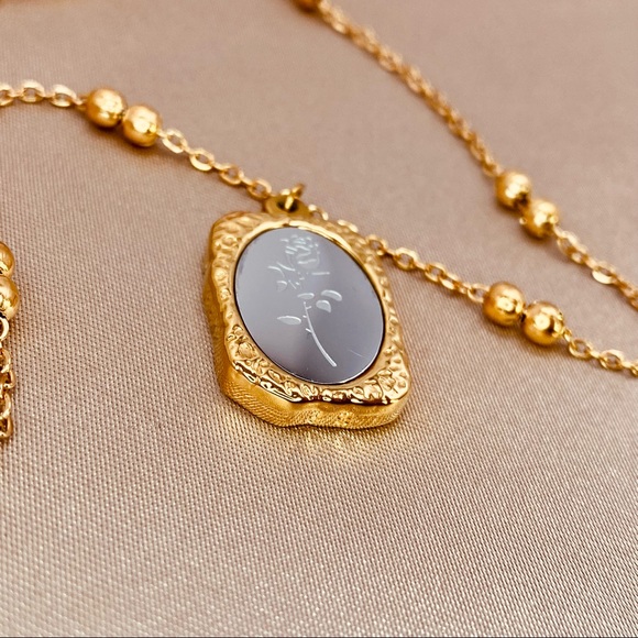 18K Gold PVD Coating Mirror Effect Rose Pendant Beaded Dainty Chain Necklace - Picture 9 of 13